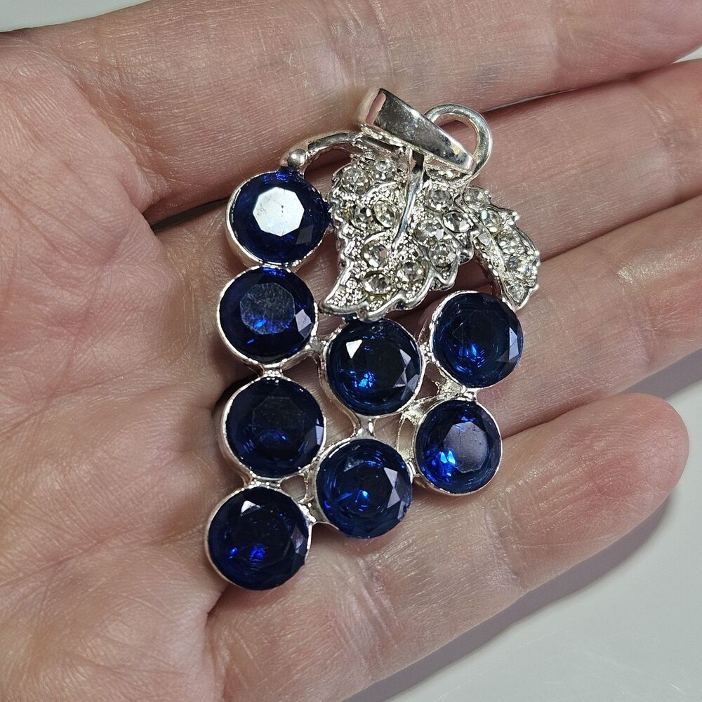 Sterling Silver Blue Rhinestones Grape Bunch Pendant Clear Accents